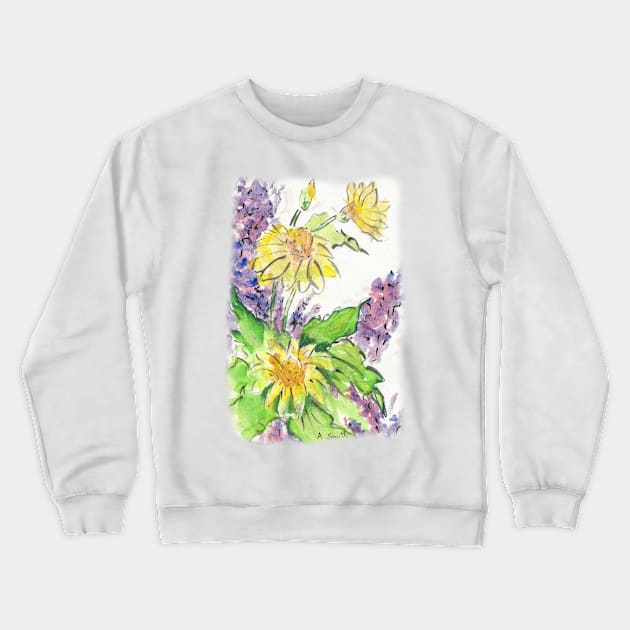 Yellow Purple and Green Flowers Crewneck Sweatshirt by designs-by-ann